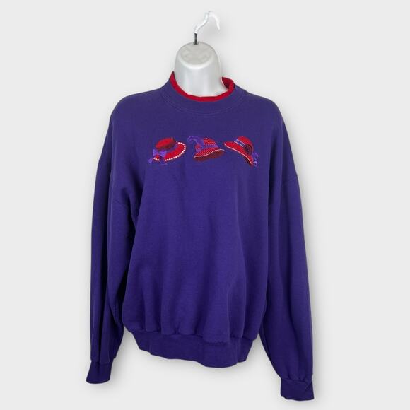 Vintage Top Stitch Morning Sun Sweatshirt Womens Large Purple Red Fedora Hats - Picture 1 of 8
